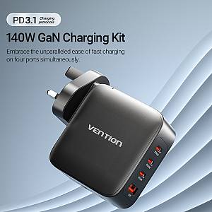 Vention Charger Wall GaN 140W 3xC 1xA+240W Cable Black FEIB0-UK