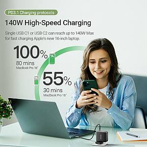 Vention Charger Wall GaN 140W 3xC 1xA+240W Cable Black FEIB0-UK