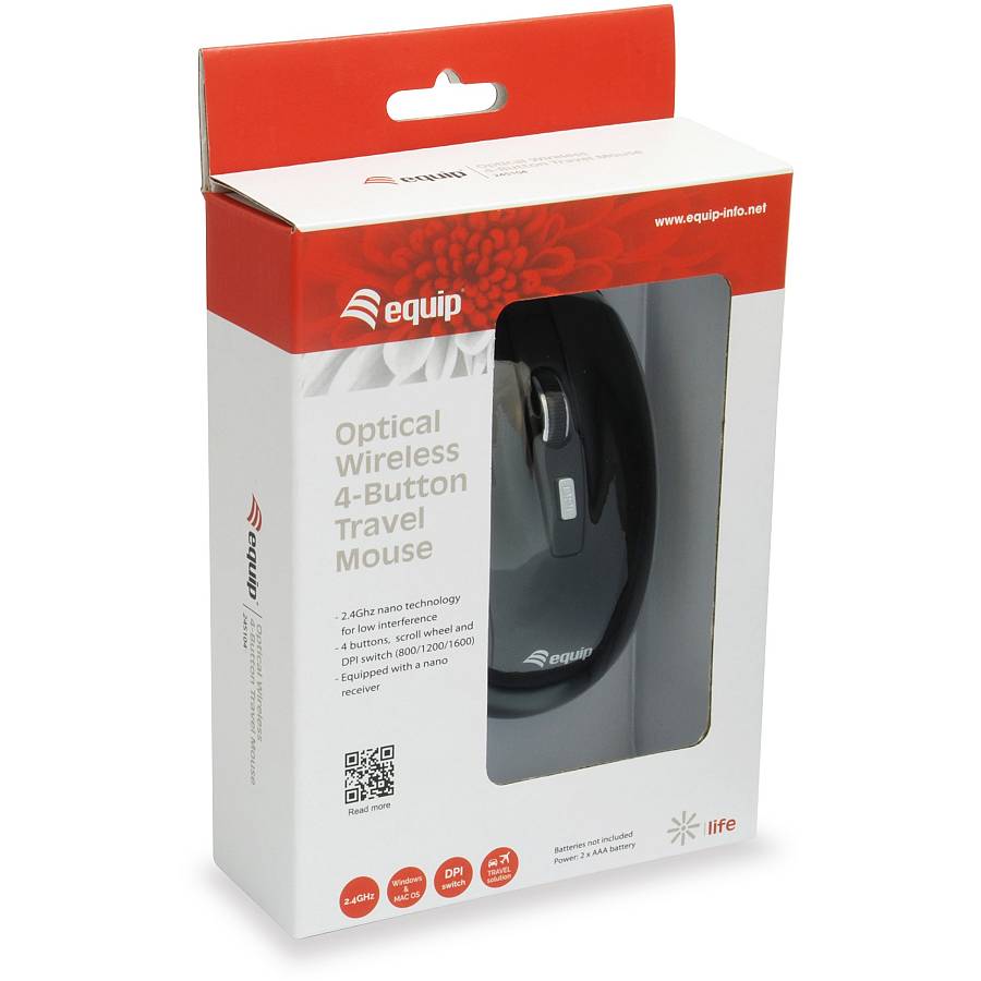 Equip Optische Maus kabellos USB Travel 4 Tasten R+L black