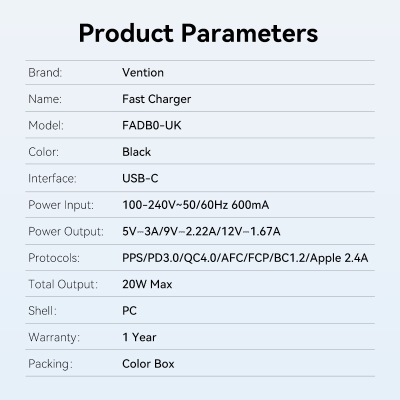 Vention Charger Wall 20W 1xUSBC Black FADB0-UK