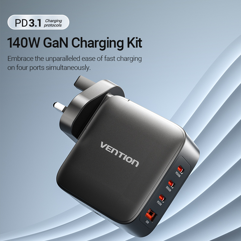 Vention Charger Wall GaN 140W 3xC 1xA+240W Cable Black FEIB0-UK