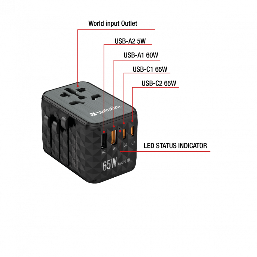 Verbatim Charger Travel Adapter World to World GAN III 65W 2xC 2xA UTA-05