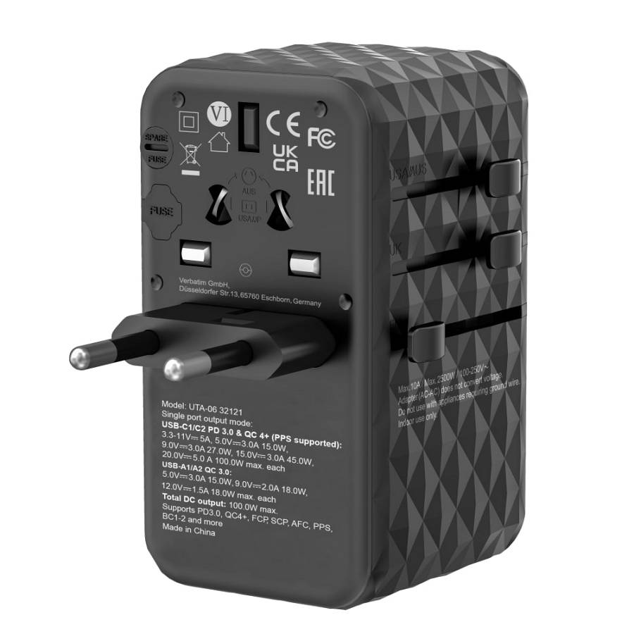 Verbatim Charger Travel Adapter World to World GAN III 100W 2xC 2xA UTA-06