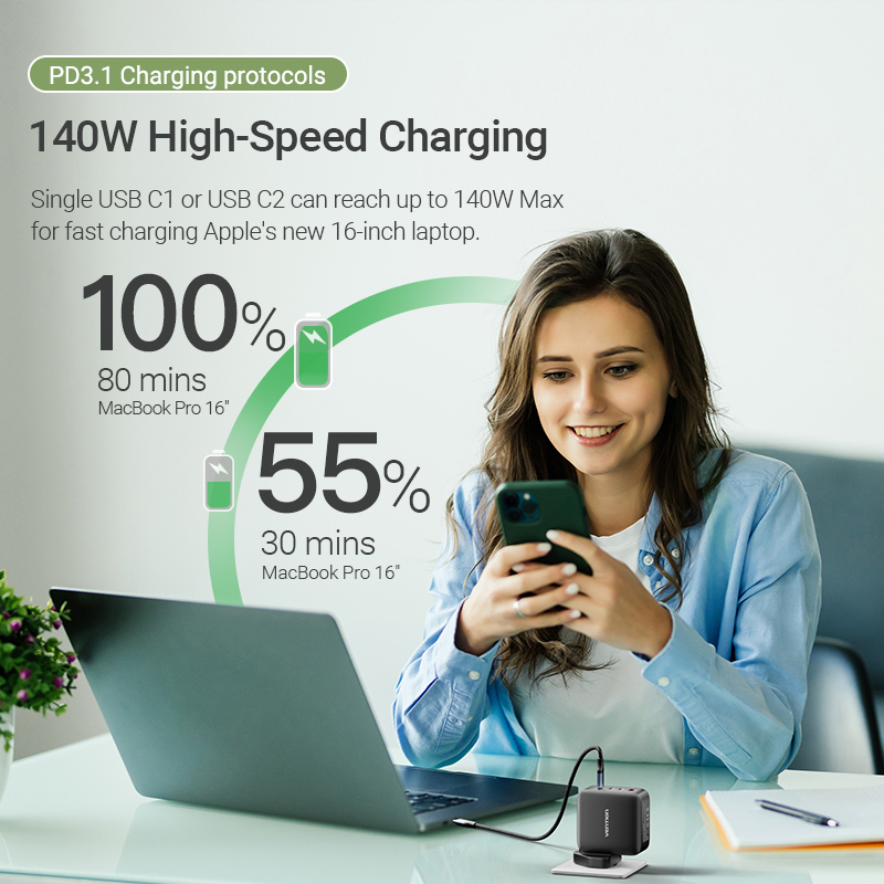 Vention Charger Wall GaN 140W 3xC 1xA+240W Cable Black FEIB0-UK