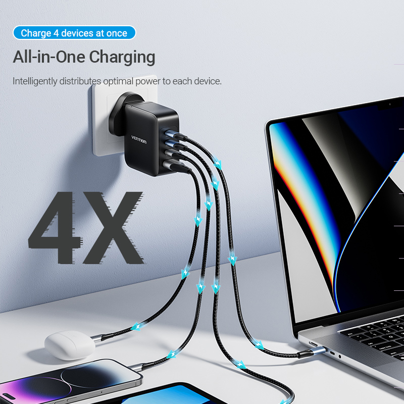 Vention Charger Wall GaN 140W 3xC 1xA+240W Cable Black FEIB0-UK